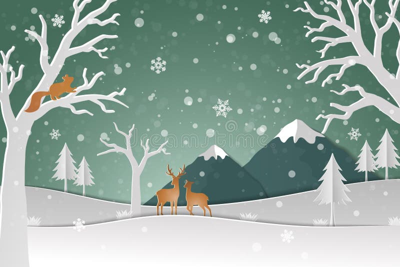 Deer family with winter snow in the forest abstract background