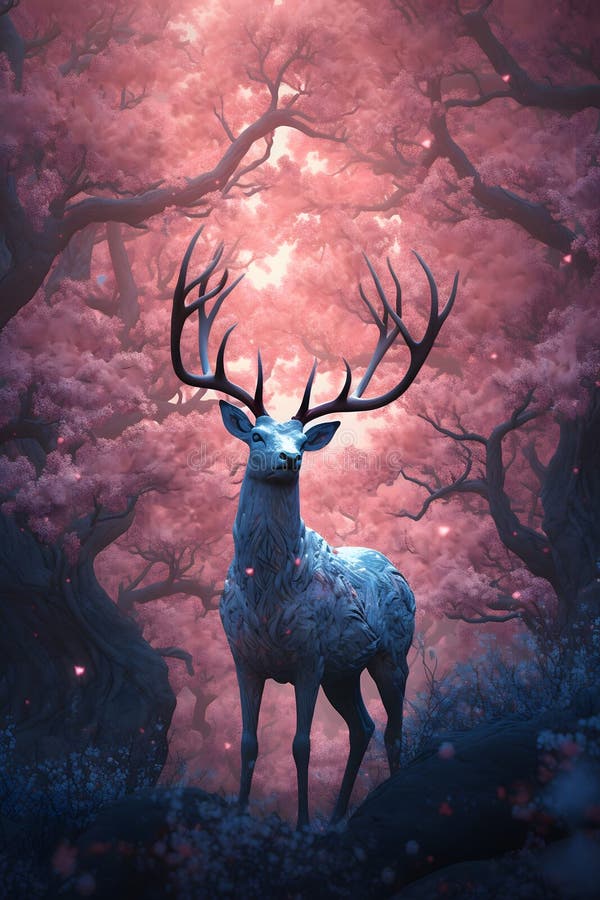 Deer in the forest. With pink trees