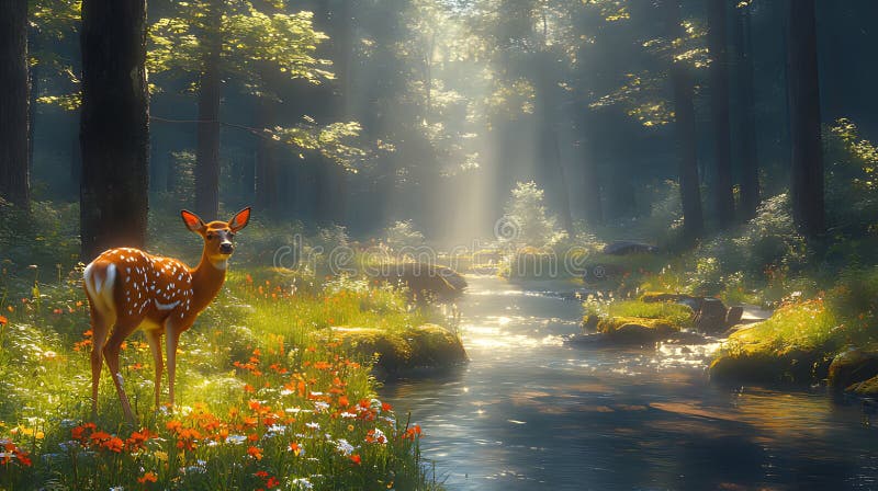 Deer forêt ruisseau lever du soleil fleurs sauvages paisible paysage nature illustration libre de droits