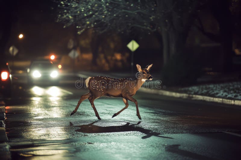 A deer jumping across the road in front of an oncoming car at night. Generative AI stock illustration