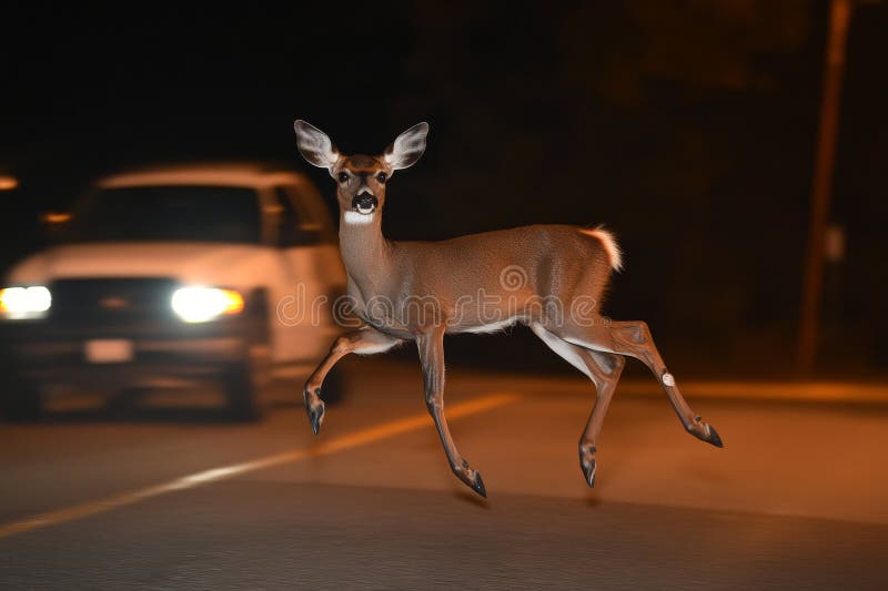 A deer jumping across the road in front of an oncoming car at night. Generative AI. royalty free illustration