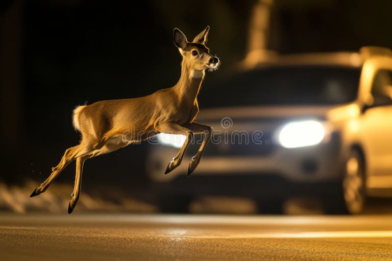 A deer jumping across the road in front of an oncoming car at night. Generative AI. vector illustration