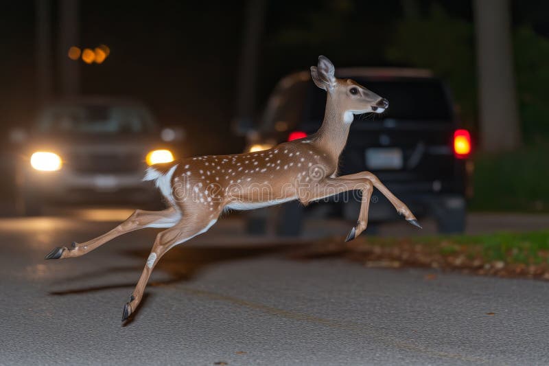 A deer jumping across the road in front of an oncoming car at night. Generative AI. stock illustration