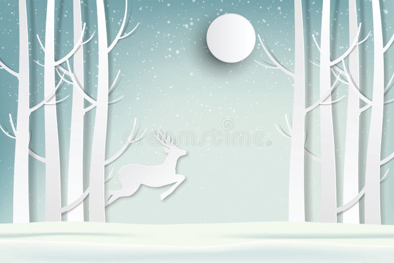 Deer jumping in the forest in the midst of the falling snow. vector illustration