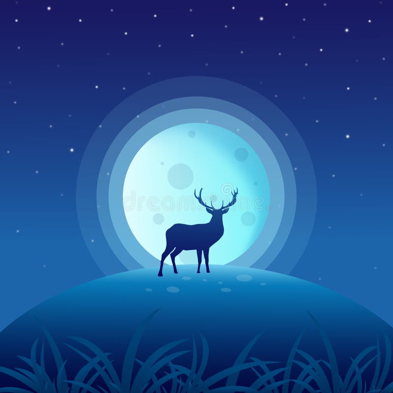 Deer on Night with Full Moon Stock Vector Illustration of mammal