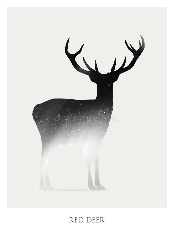 Deer silhouette. Isolated abstract animal outline. Night starry sky