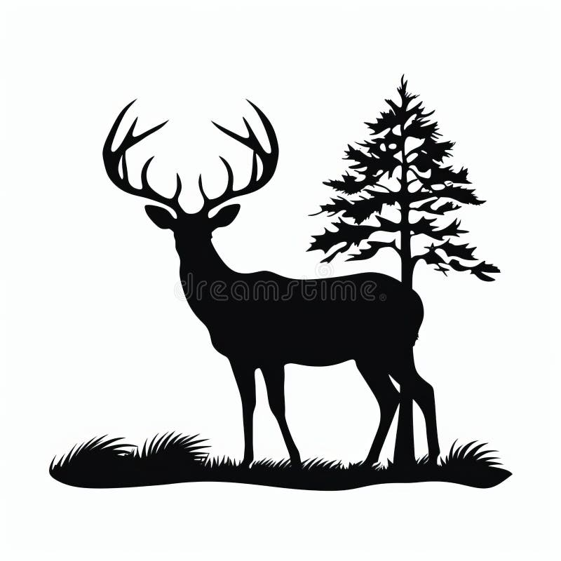 Silhouette Of A Cute Deer With Tree: Realistic Forms In Black And White