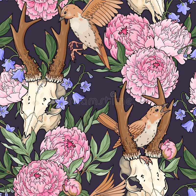 Deer Skull and Pink Peony Seamless Pattern Stock Vector - Illustration