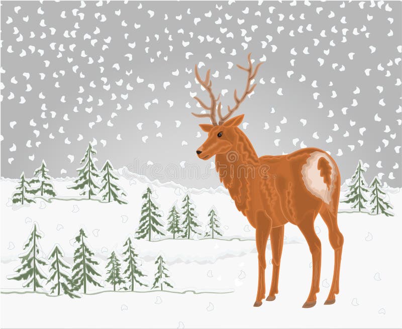 Deer in winter landscape with falling snow festive Christmas background place for text stock illustration Deer in winter landscape with falling snow festive Christmas background place for text stock illustration
