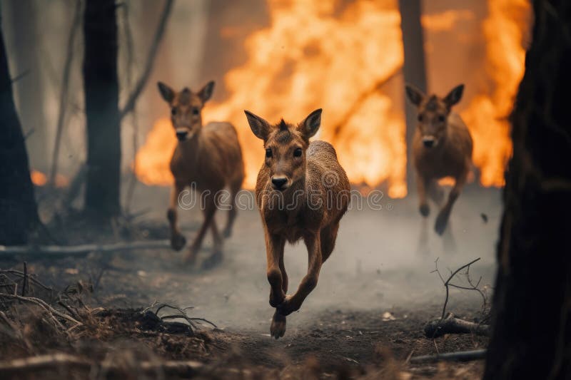 Deers Running From Burning Forest, Generative AI royalty free illustration
