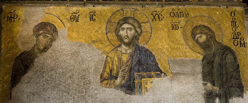 Deesis Mosaics from Hagia Sophia Museum in Istanbul Turkey.It probably dates from 1261. It was commissioned to mark the end of 57 years of Roman Catholic use and the return to the Orthodox faith.