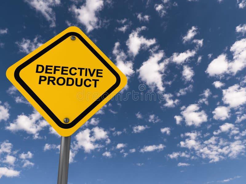 Defective product traffic sign on blue sky