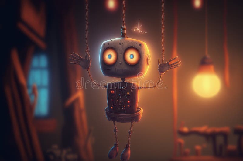 Defekt robotmarionett som är upphängd av ledningar i en fabrik royaltyfri illustrationer