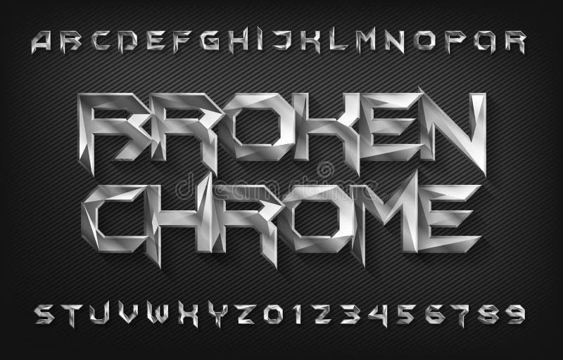 Broken Chrome alphabet font. Metal effect beveled letters and numbers. Stock vector typescript for your design. Broken Chrome alphabet font. Metal effect beveled letters and numbers. Stock vector typescript for your design.