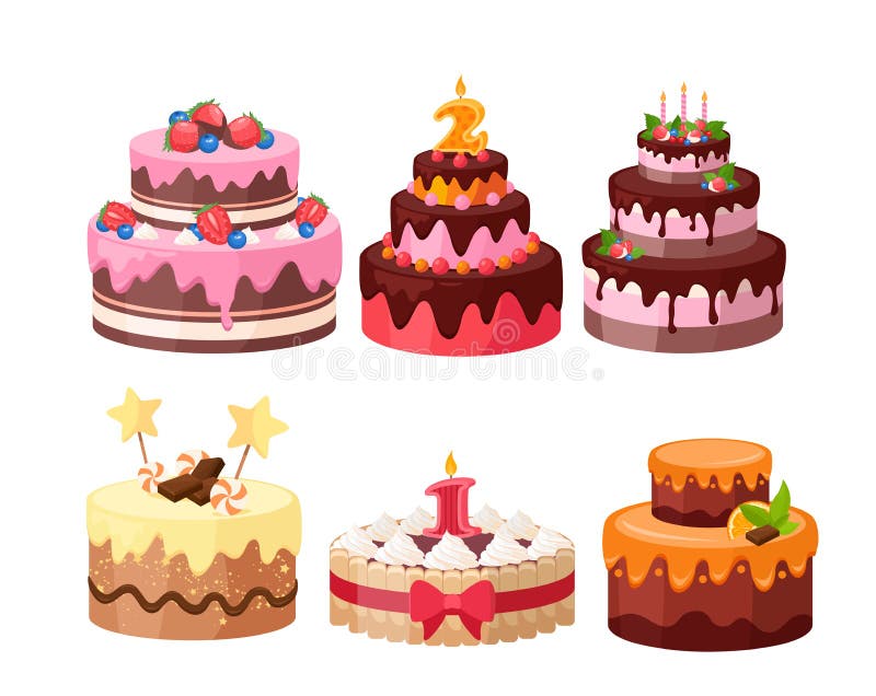 Bolos De Desenho Animado Sobremesas Deliciosas Coloridas, Bolo De Aniversário Com Velas De Celebração E Fatias De Chocolate, Feri Ilustração do Vetor - Ilustração de evento, gotejamento: 169757130