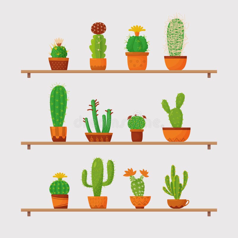 Conjunto de cactos em estilo simples de desenho animado isolado no