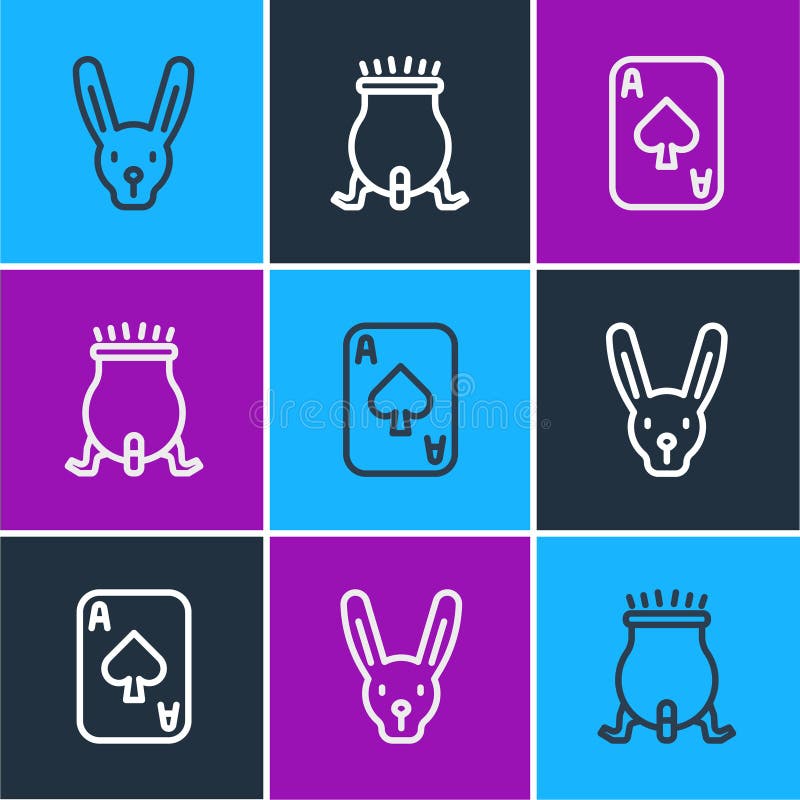 Definir coelho com orelhas jogando cartas e ícone de caldeirão de bruxa. vetor ilustração royalty free