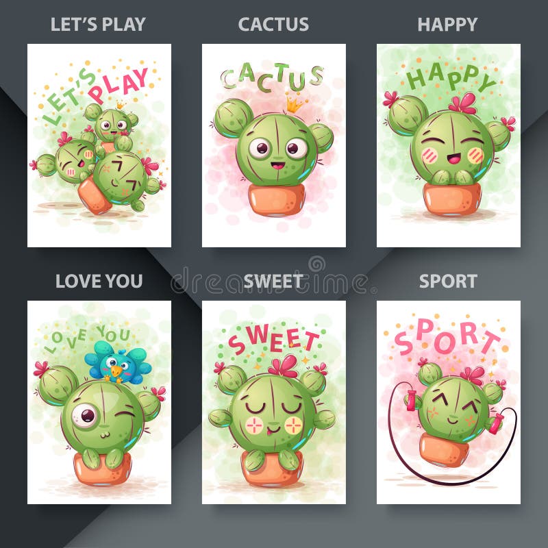 Grupo Bonito Do Kawaii Dos Desenhos Animados De Planta, De Plantas Carnudas  Do Cacto E De Flores Com Projeto Liso Das Caras Engra Ilustração Stock -  Ilustração de cactos, jogo: 102184516