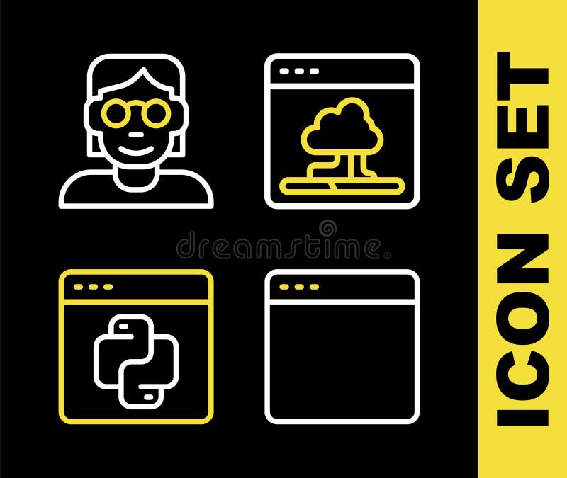 Definir a linha cloud technology data transfer janela do navegador píthg linguagem de programação e ícone do hacker ou codificador ilustração do vetor