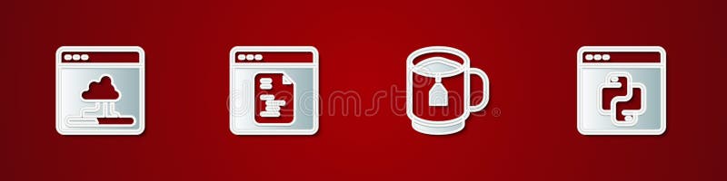 Definir o software de transferência de dados da tecnologia de nuvem chá com o saco de chá e o ícone da linguagem de programação py ilustração do vetor