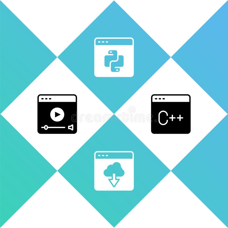 Definir a reprodução online video cloud technology data transfer pythage programação idioma e ícone de software. vetor ilustração do vetor