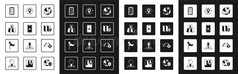 Set Satellites orbiting the Earth City map navigation Folded with location marker Map pin Toll road traffic and Flag icon. Vector. Set Satellites orbiting the Earth City map navigation Folded with location marker Map pin Toll road traffic and Flag icon. Vector.