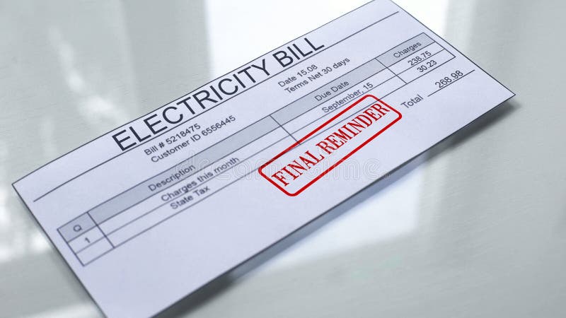 Final reminder seal stamped on electricity bill, payment for services, tariff, stock photo. Final reminder seal stamped on electricity bill, payment for services, tariff, stock photo