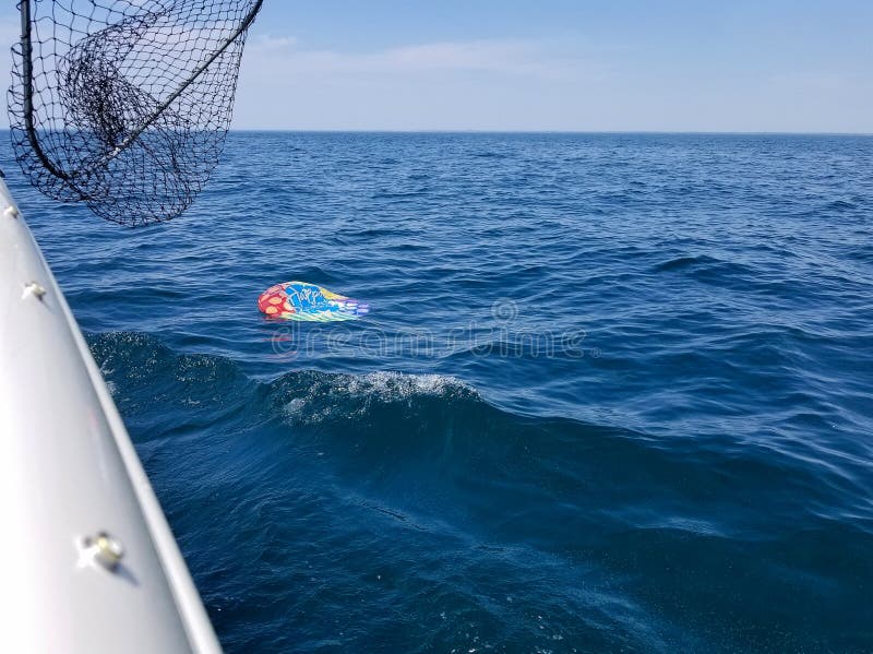 Deflaterad heliumballong som svävar i sjön royaltyfria foton Deflaterad heliumballong som svävar i sjön royaltyfria foton