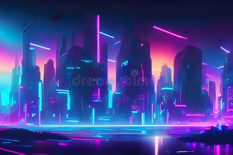Defocus panorama φόντο φουτουριστικό cyberpunk νυχτερινό κτίριο cityscape με αστέρι int the sky. απεικόνιση αποθεμάτων