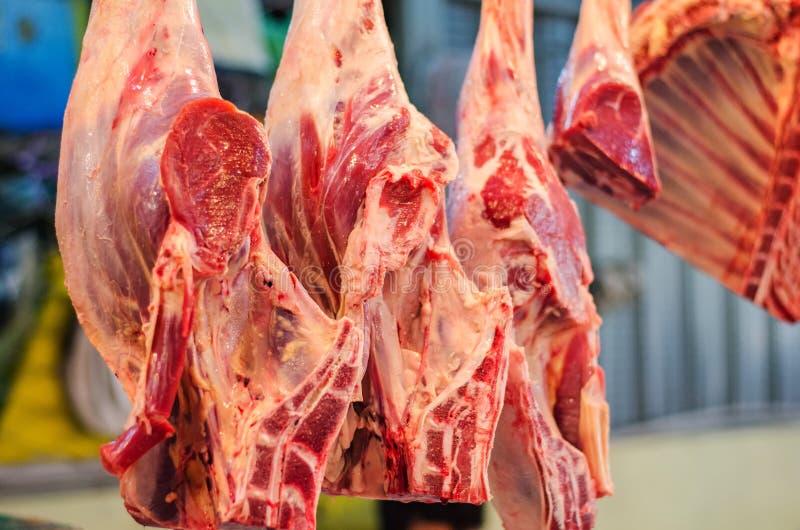 fresh mutton in the market stall