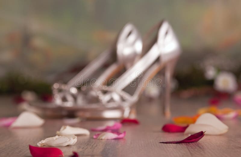 Defocused silver womans shoes with petals