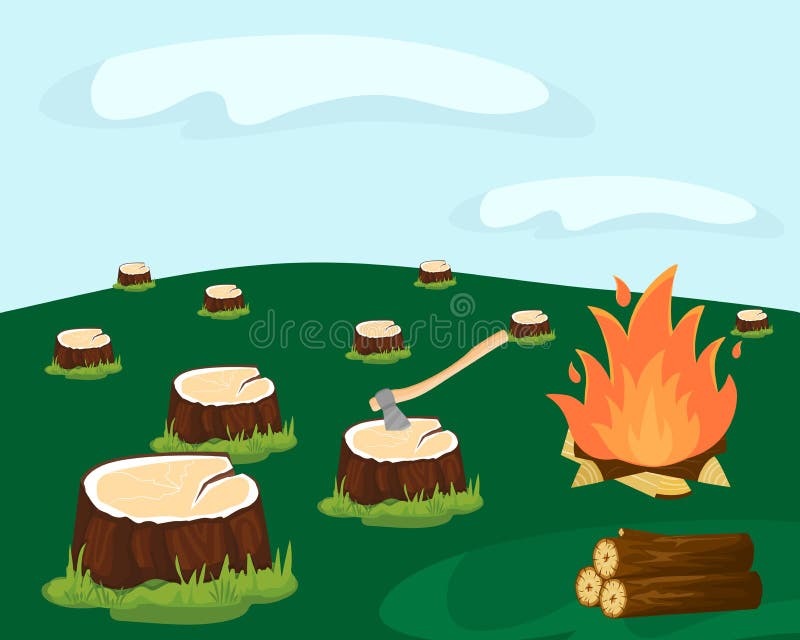 Deforestation for logging vector illustration. Cutting down forest. Stumps after felling trees. Ax, logs, fire.