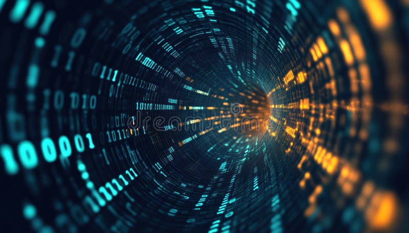 Deformación de túnel virtual : ciberespacio futurista abstracto con codificación binaria de flujo de datos y big data en código di stock de ilustración