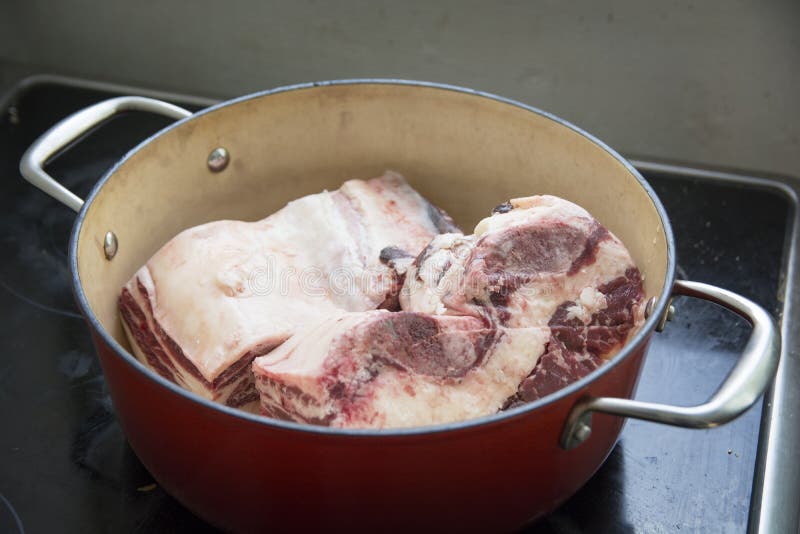 Defrosting Two Shortribs Meat Slices in a Red Pot Stock Image Image