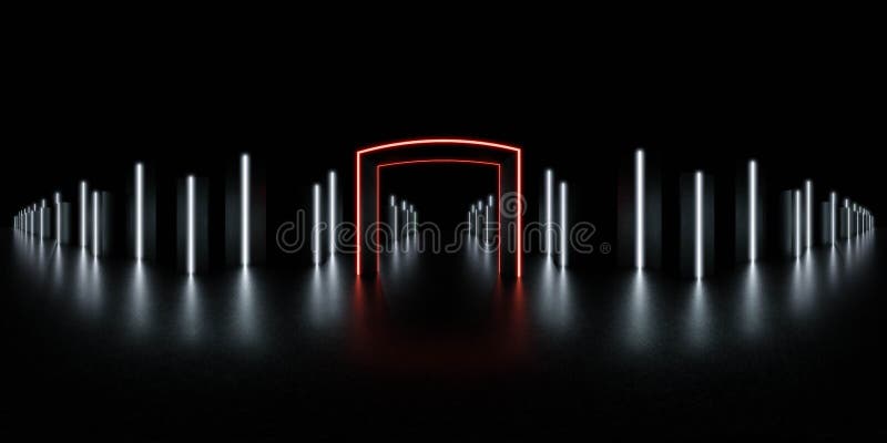 360 degree full panorama of dark futuristic environment with laser led lights and red gate 3d render illustration hdri