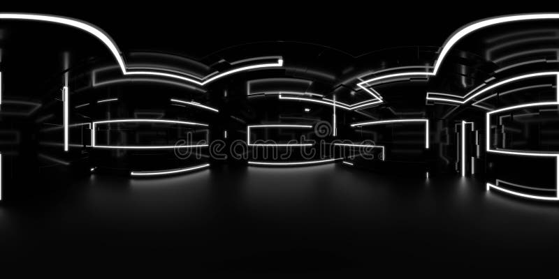 360 degree full panorama environment map of dark black studio futuristic light interior with metallic reflections 3d stock illustration