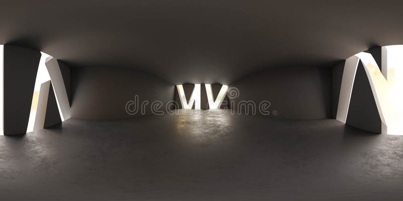360 degree full panorama environment map of dark black studio with light falling in from slits in walls 3d render vector illustration
