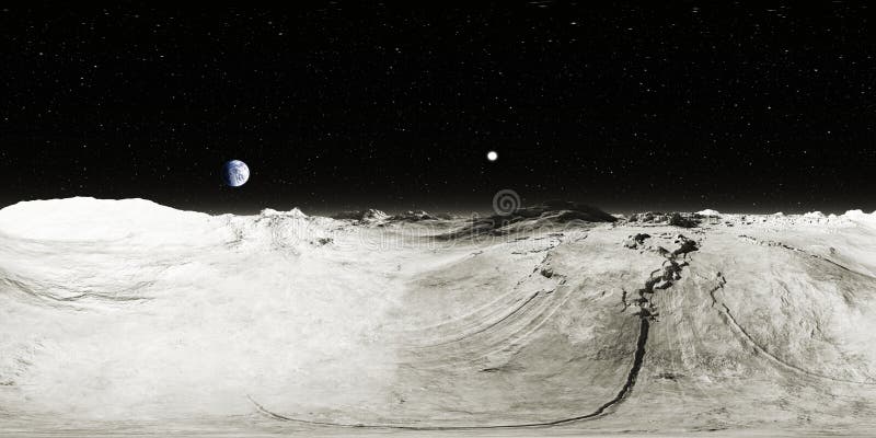 360 degree Moon landscape, equirectangular projection, environment map. HDRI spherical panorama. Space background