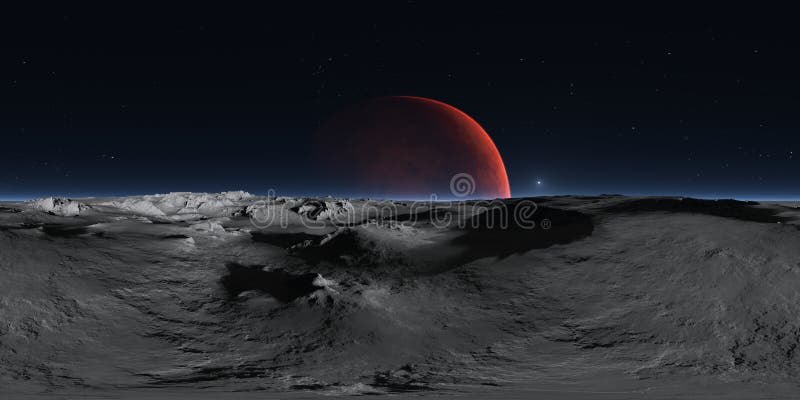 360 degree panorama of Phobos with the red planet Mars in the background, environment HDRI map. Equirectangular projection vector illustration