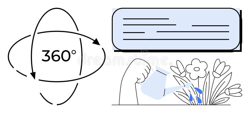 360 Degree View Concept with Watering Flowers and Text Content Interface vector illustration