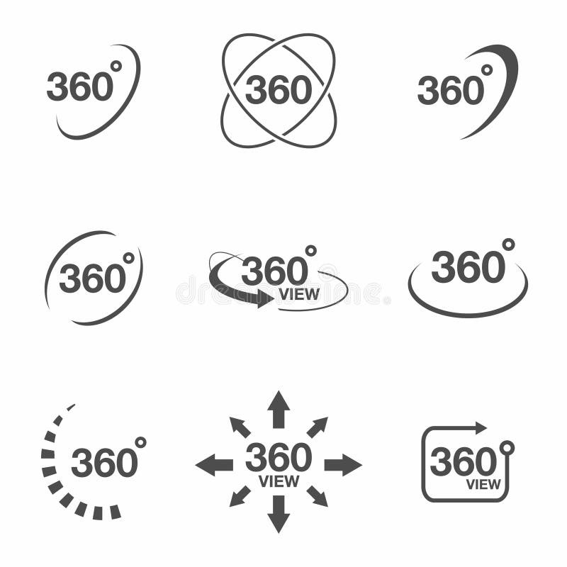 360 degree view related icon set. Signs and arrows for indicate the rotation and panorama, VR technology icons vector illustration