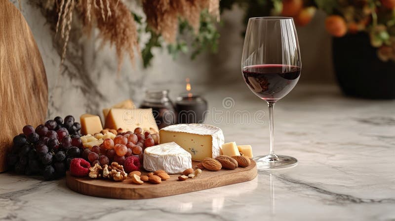 Degustare elegantă a vinului și a brânzei pe suprafața de marmură royalty free stock photo