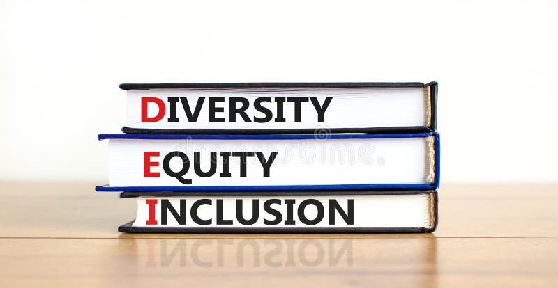 DEI, Diversity, equity, inclusion symbol. Books with words DEI, diversity, equity, inclusion on beautiful wooden table, white