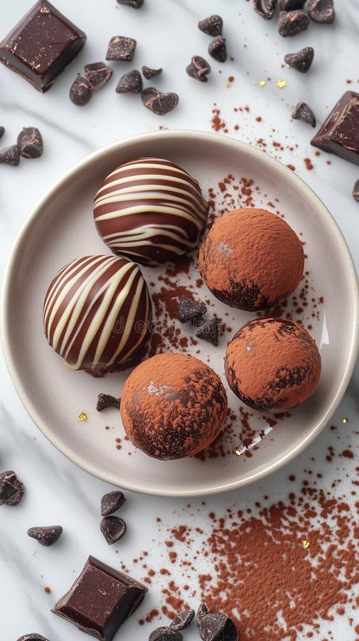 Dekadderad chokladtryffeltrio på en minimalistisk skylt royaltyfri foto