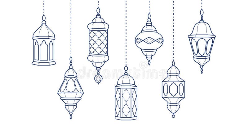 Dekoracja latarni Ramadan. Granica świętowania islamu. Wiszące tradycyjne wschodnie lampy izolowane na biało. royalty ilustracja