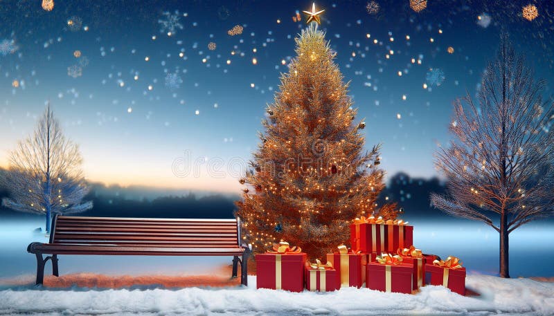 Dekoration med ett bänk- och julgransträd med röda och gyllene trädgårdar nära xmas-gåvor i röda lådor med snöflingor vid stock illustrationer