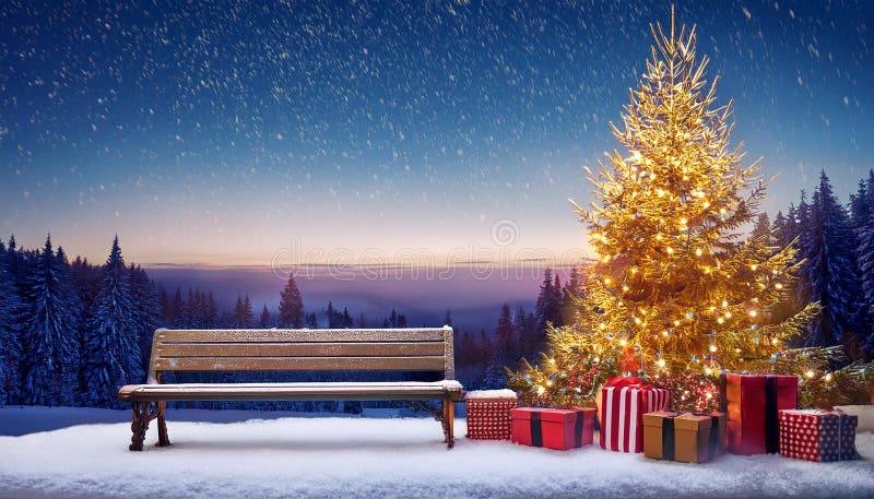 Dekoration med ett bänk- och julgransträd med röda och gyllene trädgårdar nära xmas-gåvor i röda lådor med snöflingor vid vektor illustrationer