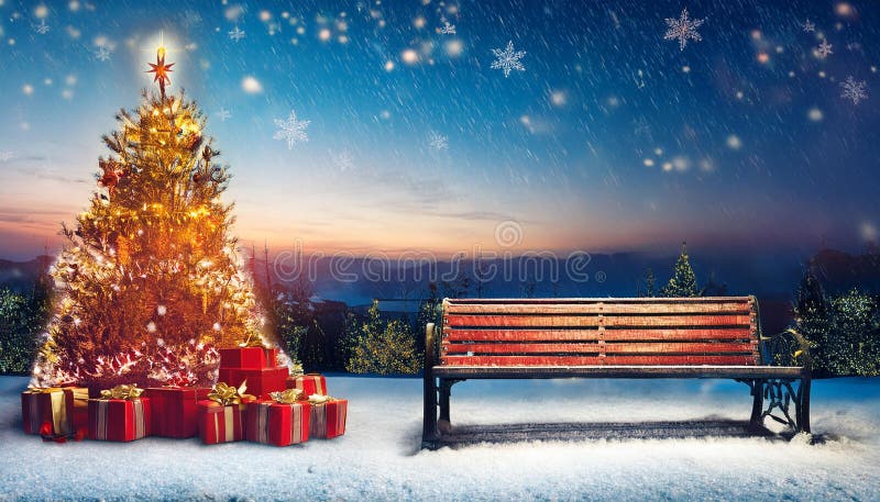 Dekoration med ett bänk- och julgransträd med röda och gyllene trädgårdar nära xmas-gåvor i röda lådor med snöflingor vid royaltyfri illustrationer