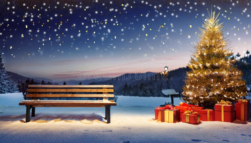 Dekoration med ett bänk- och julgransträd med röda och gyllene trädgårdar nära xmas-gåvor i röda lådor med snöflingor vid stock illustrationer