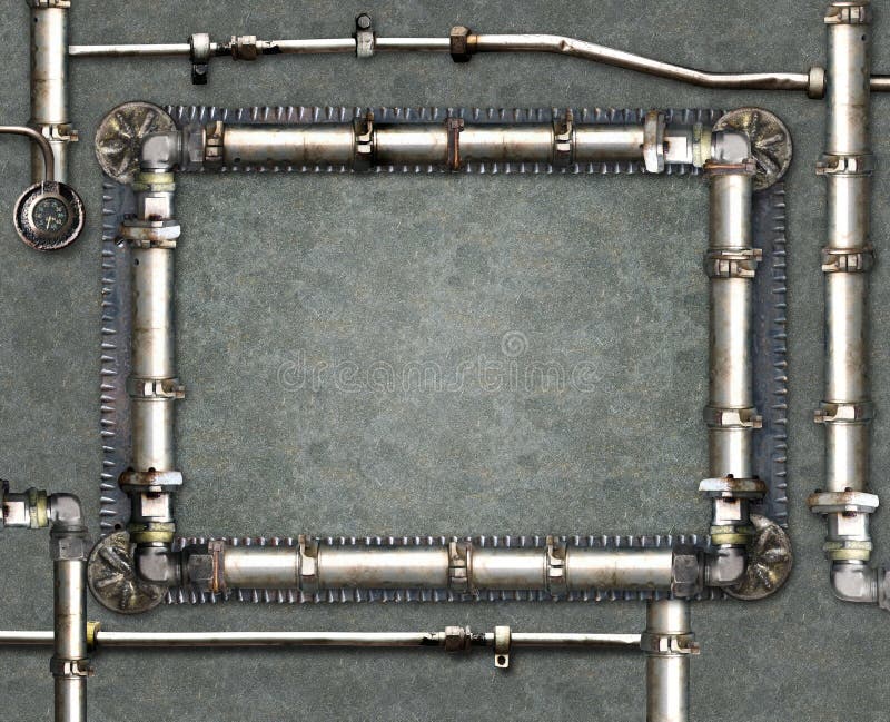Dekoration med rörram för vintage steampunk. Rörledningar och rör. industriell bakgrund med gammal rörledning. eller arkivbild